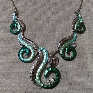 Silver and Green Wave Necklace with CZ Diamonds